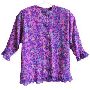 Vintage 80s Elaine Jessley Purple Tunic Top Lined Abstract Polka Ruffle Plus 22